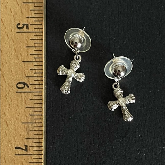 Vintage Silver Tone Cross Post Earrings With Clear Rhinestones - Picture 4 of 4